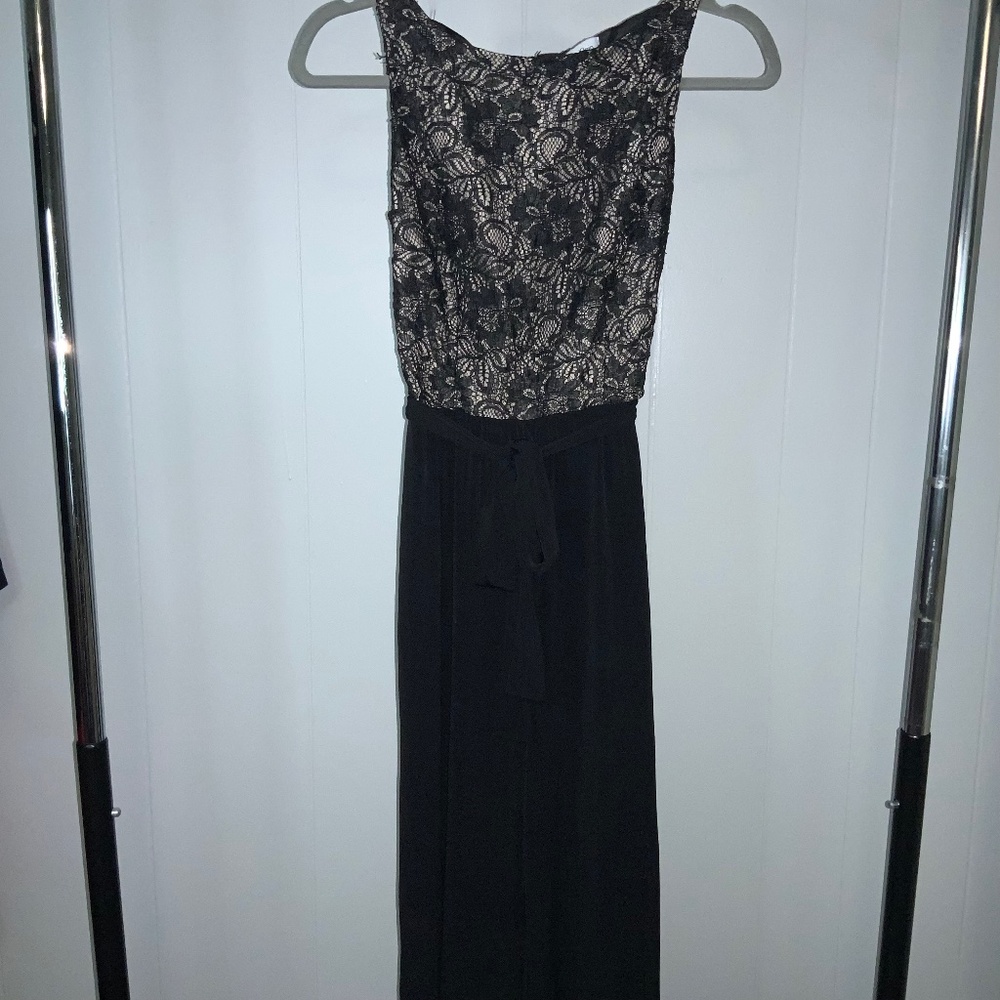 Calvin Klein lace bodice sleeveless jumpsuit Sz 2 slinky black pants tie sash